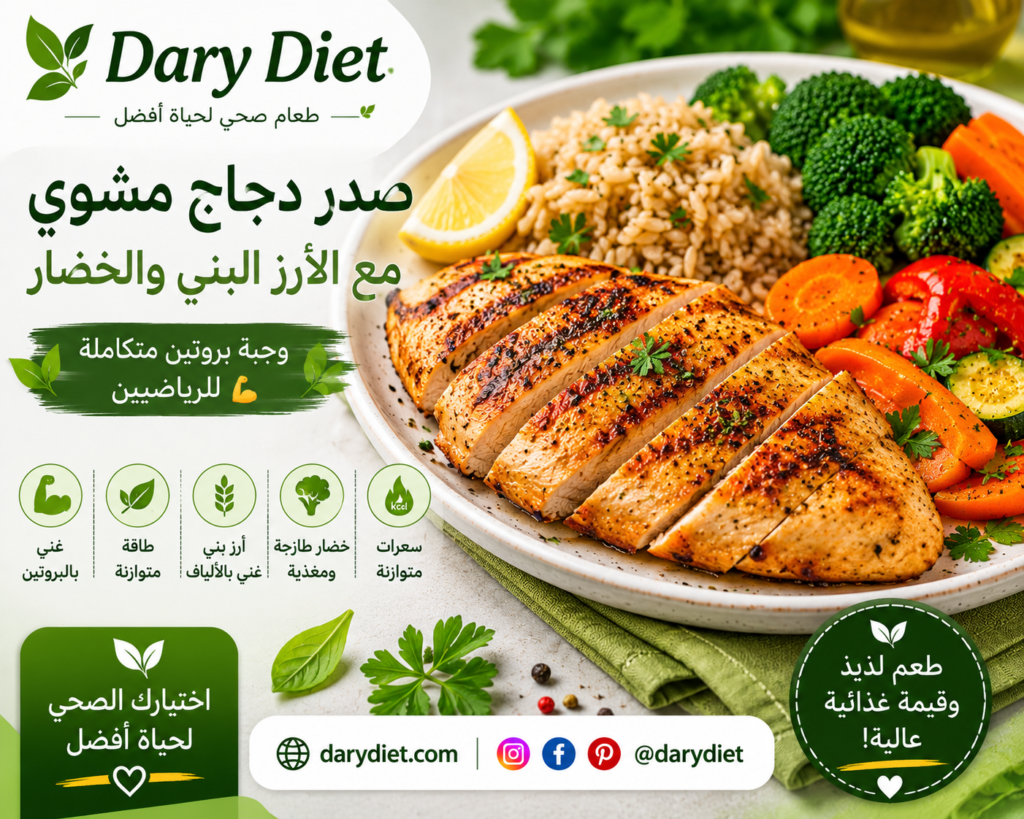 صدر دجاج مشوي مع الأرز البني والخضار: وجبة بروتين متكاملة للرياضيين chatgpt image 25 مايو 2026، 05 22 23 م